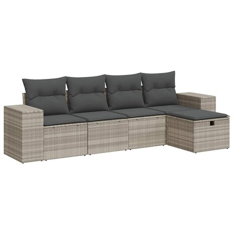 5-delige Loungeset met kussens poly rattan lichtgrijs