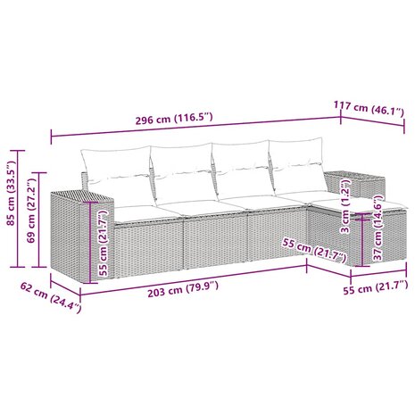 5-delige Loungeset met kussens poly rattan lichtgrijs