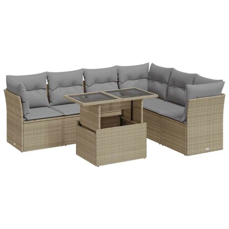 7-delige Loungeset met kussens poly rattan beige