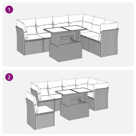 7-delige Loungeset met kussens poly rattan beige