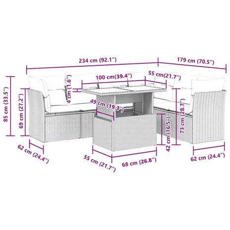 7-delige Loungeset met kussens poly rattan beige