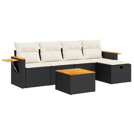 6-delige Loungeset met kussens poly rattan zwart