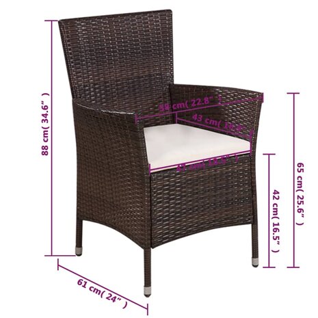 Tuinstoel en kruk met kussens poly rattan bruin