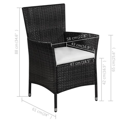 Tuinstoel en kruk met kussens poly rattan zwart