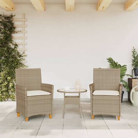 Tuinstoelen 2 st met kussens poly rattan en massief hout beige