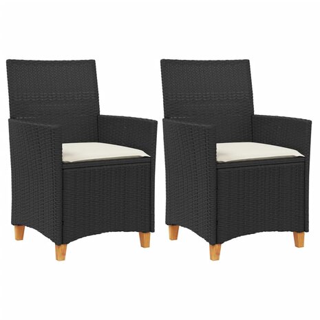 Tuinstoelen 2 st met kussens poly rattan en massief hout zwart