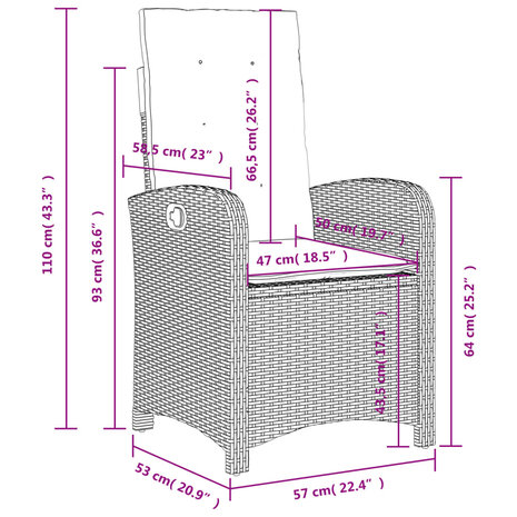 Tuinstoelen 2 st verstelbaar met kussens poly rattan grijs
