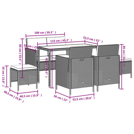 6-delige Tuinset met kussens poly rattan bruin