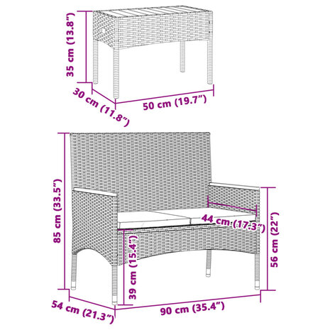 Tuinbank 2-zits met kussens en tafel poly rattan grijs