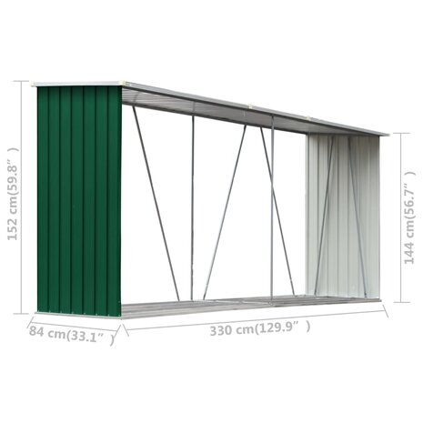 Haardhoutschuur 330x84x152 cm gegalvaniseerd staal groen