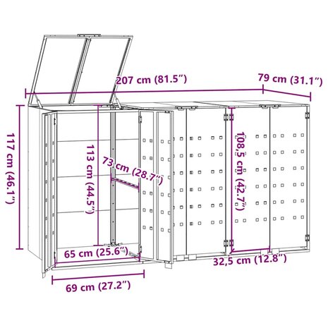 Containerberging 3 containers 207x79x117 cm staal antraciet