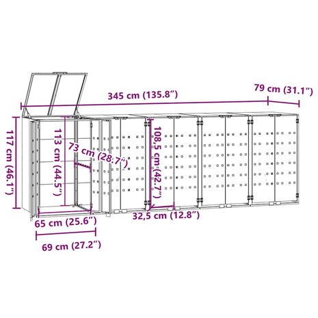 Containerberging voor 5 containers 345x79x117 cm staal zwart