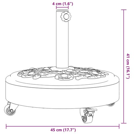 Parasolvoet met wielen voor stok van Ø38 / 48 mm 27 kg rond