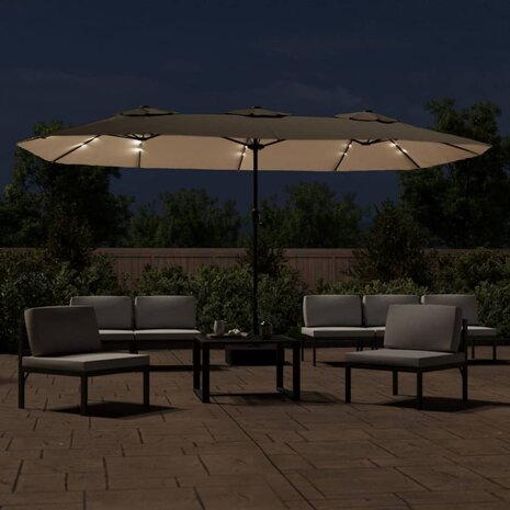 Parasol dubbel dak met LED 449x265 cm taupe