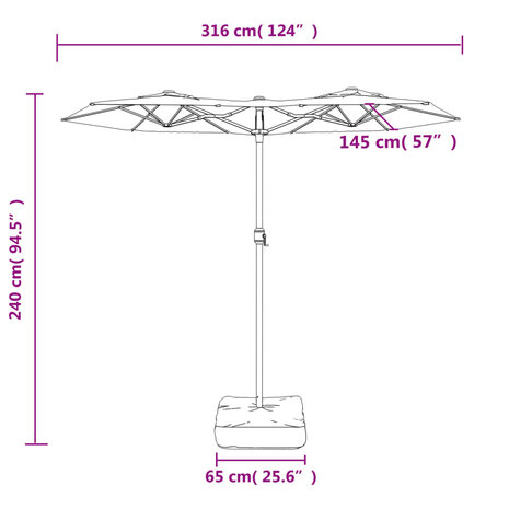 Parasol dubbel dak met LED 316x145 cm azuurblauw