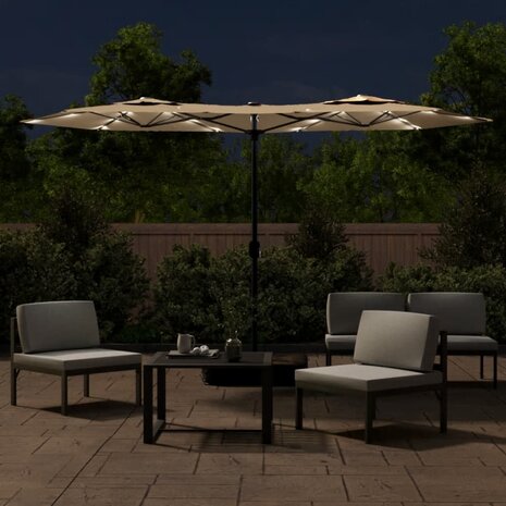 Parasol dubbel dak met LED's 316x145 cm taupe