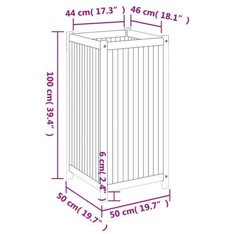 Plantenbak met voering 50x50x100 cm massief acaciahout