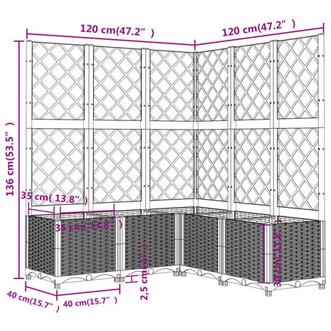 Plantenbak met latwerk 120x120x136 cm polypropeen lichtgrijs