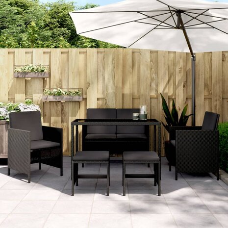 6-delige Tuinset met kussens poly rattan zwart
