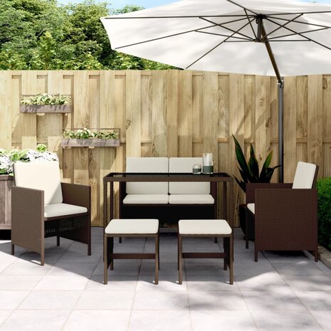 6-delige Tuinset met kussens poly rattan bruin