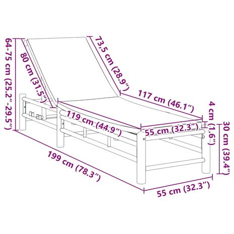 Ligstoel met kussens 55x199x30 cm bamboe