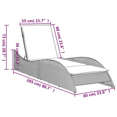 Ligbed met kussen 60x205x73 cm poly rattan zwart