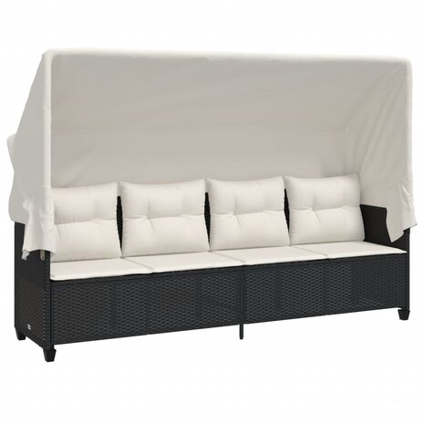Ligbed met luifel en kussens poly rattan zwart