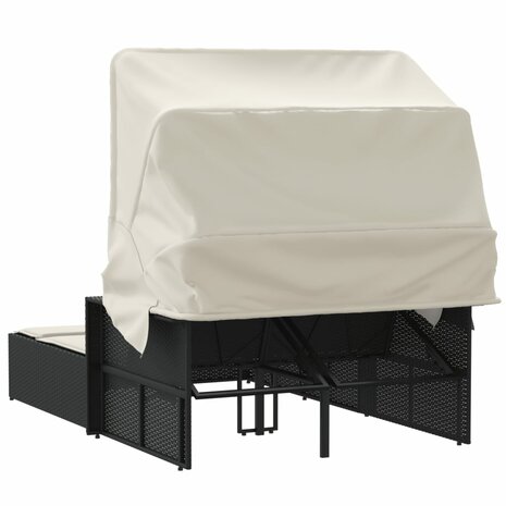 Ligbed 2-persoons met luifel en kussens poly rattan zwart