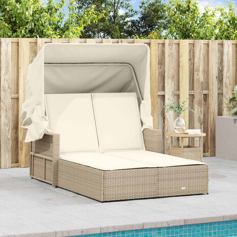 Ligbed 2-persoons met luifel en kussens poly rattan beige