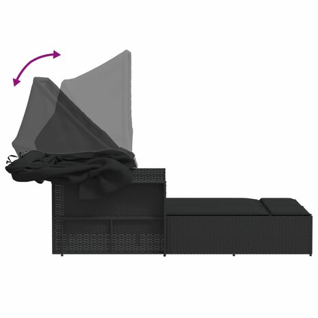 Ligbed 2-persoons met luifel en kussens poly rattan zwart