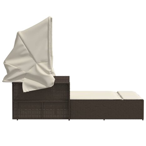 Ligbed 2-persoons met luifel en kussens poly rattan bruin