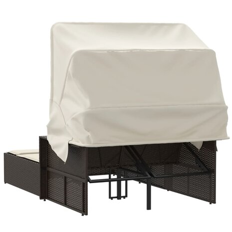 Ligbed 2-persoons met luifel en kussens poly rattan bruin