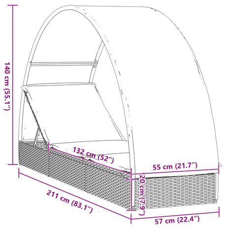 Ligbed met rond dak 211x57x140 cm poly rattan zwart