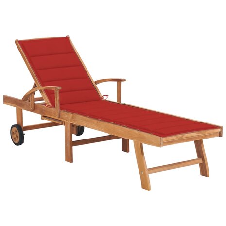 Ligbed met rood kussen massief teakhout