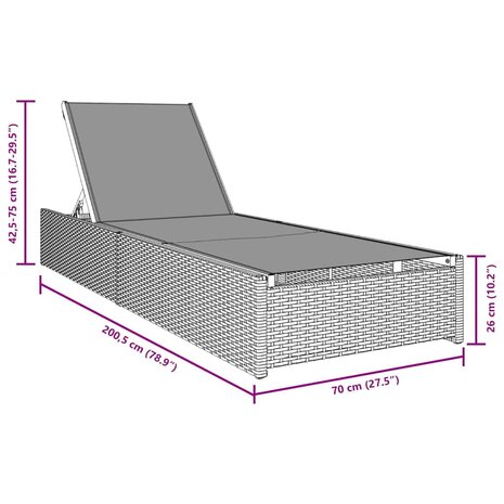 Ligstoel met kussen 1-persoon Zwart 60 x 200 x 27cm poly rattan