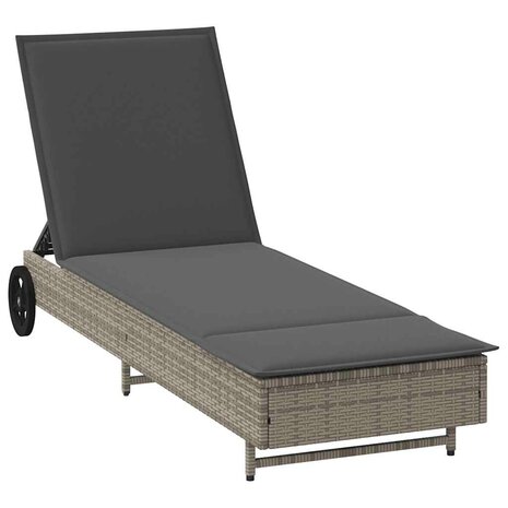 Ligbed met wielen en kussen poly rattan grijs