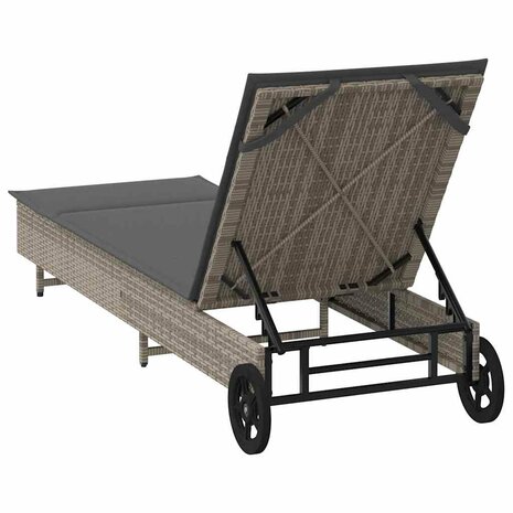 Ligbed met wielen en kussen poly rattan grijs