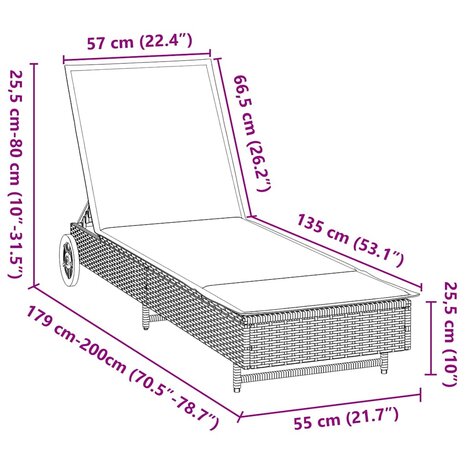 Ligbed met wielen en kussen poly rattan grijs