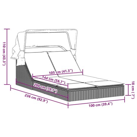Ligbed 2-persoons met luifel en kussens poly rattan lichtgrijs