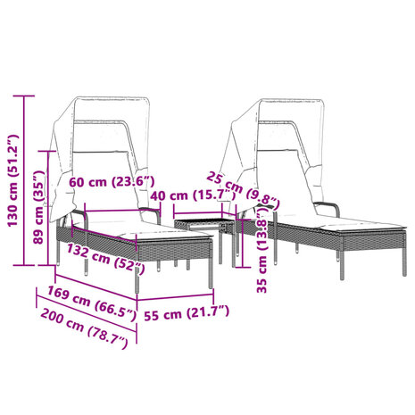 Ligbedden 2 st met luifels en tafel poly rattan zwart