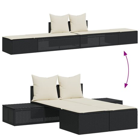 Ligbed 2-persoons met kussens poly rattan zwart