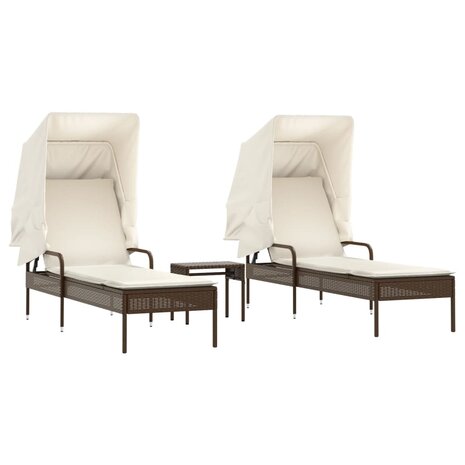 Ligbedden 2 st met luifels en tafel poly rattan bruin