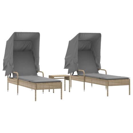 Ligbedden 2 st met luifels en tafel poly rattan beige