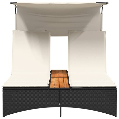 Ligbed 2-persoons met luifel en kussens poly rattan zwart