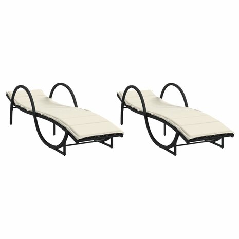 Ligbedden 2 st met kussens poly rattan zwart