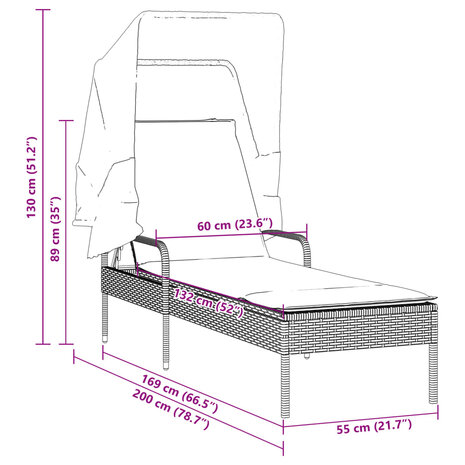 Ligbed met luifel poly rattan bruin
