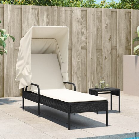 Ligbed met luifel en tafel poly rattan zwart