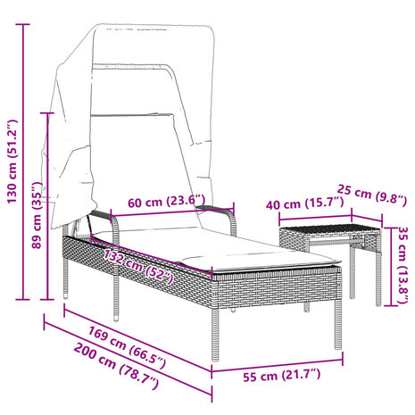Ligbed met luifel en tafel poly rattan zwart