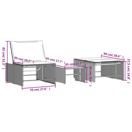 Ligstoelen 2 st met tafel lichtgrijs poly rattan