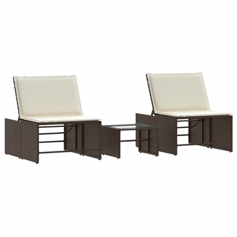 Ligstoelen 2 st met tafel bruin poly rattan